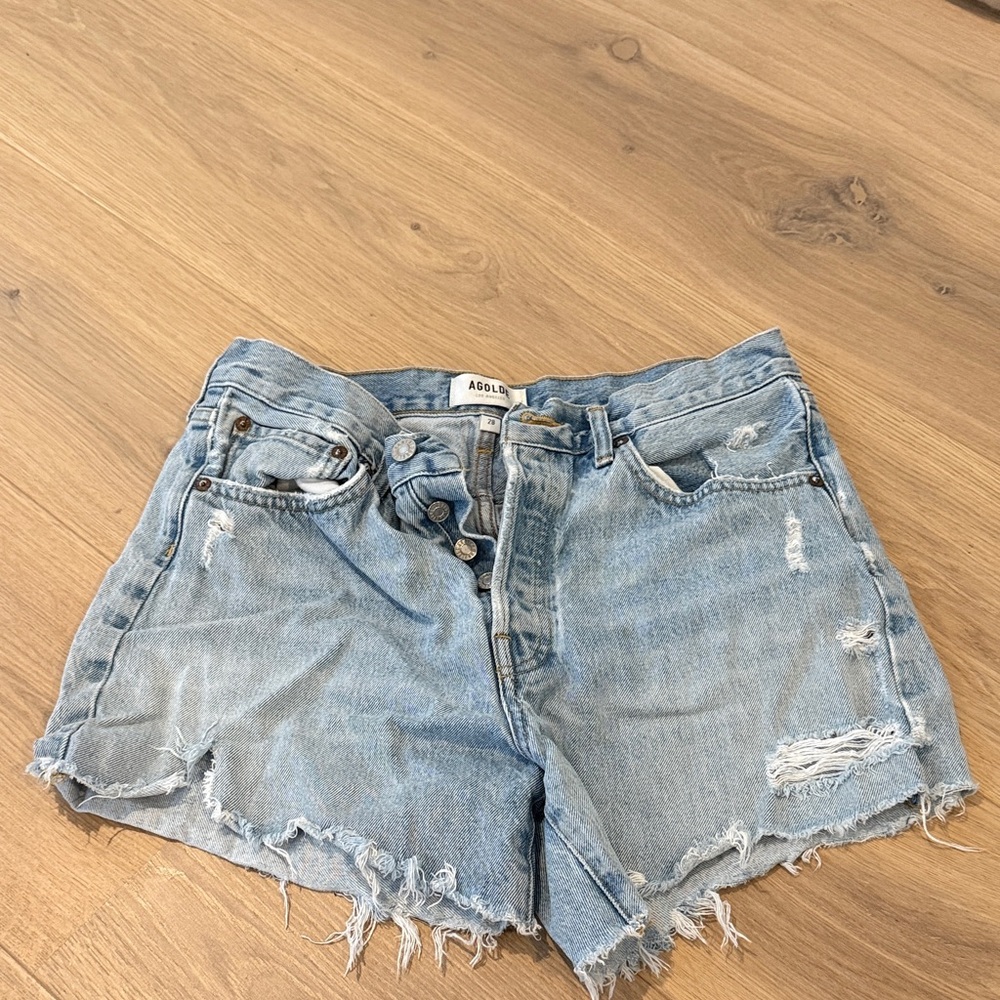 Agolde Faded Blue Frayed Jean Shorts